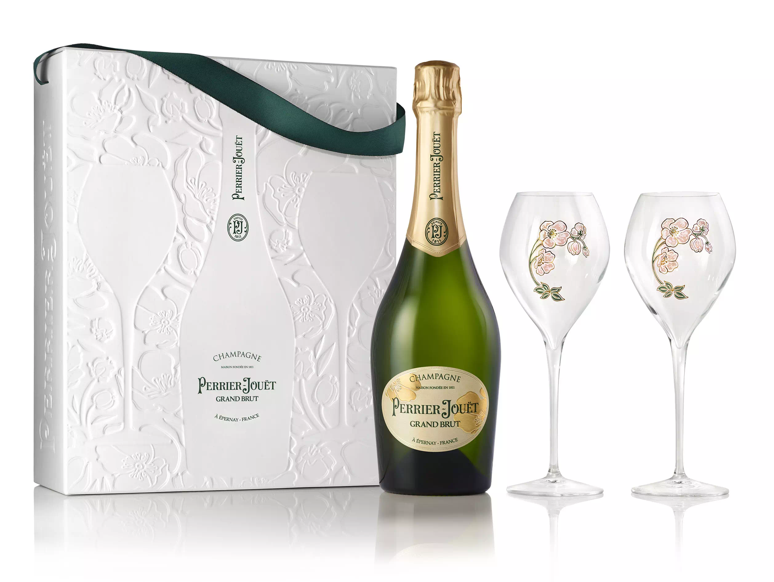 Coffret champagne PERRIER-JOUËT Grand Brut 1 bouteille 75 cl + 2 flûtes Décor Belle Epoque