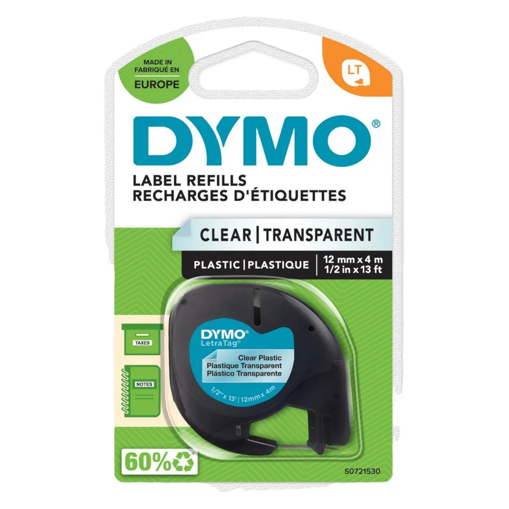 Ruban étiqueteuse plastique Dymo Letratag S0721530 fond transparent écriture noire 12 mm x 4 m