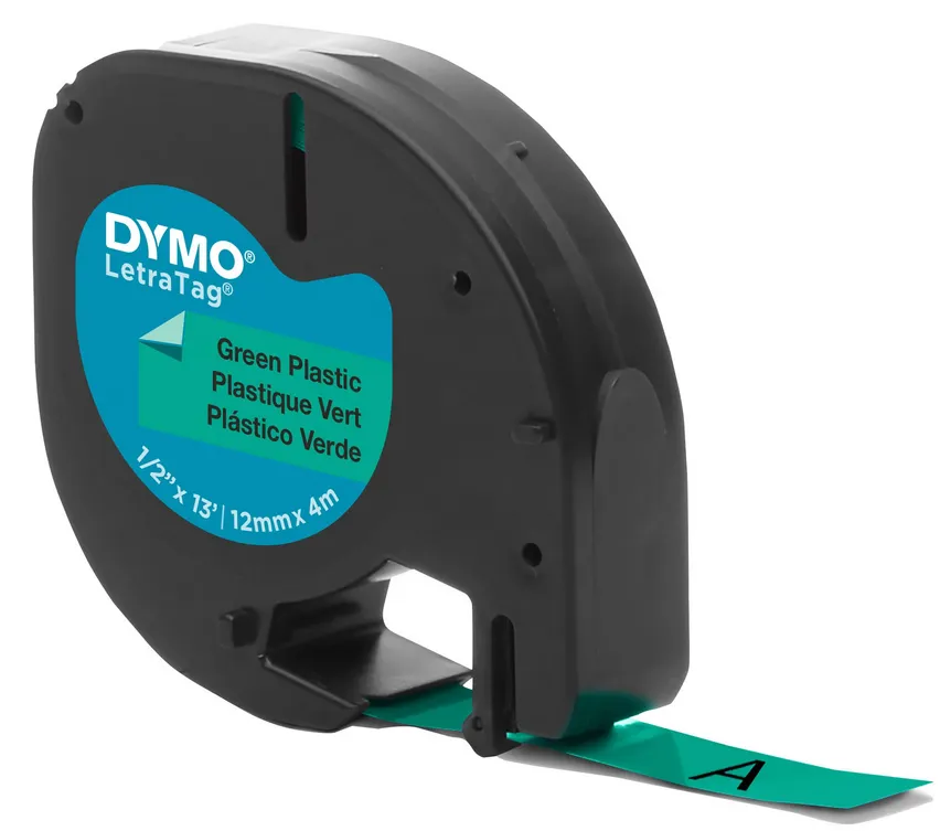 Ruban étiqueteuse plastique Dymo Letratag S0721640 fond vert écriture noire 12 mm x 4 m
