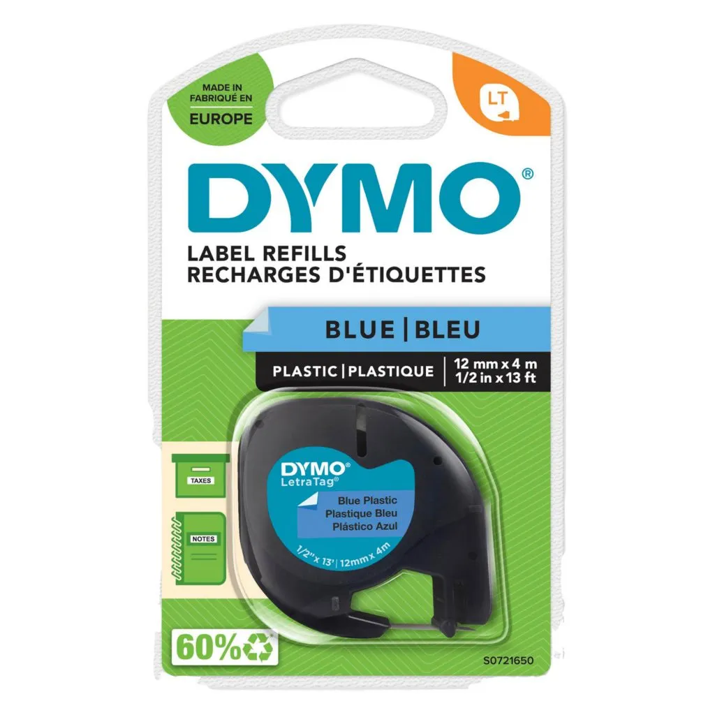 Ruban étiqueteuse plastique Dymo Letratag S0721650 fond bleu écriture noire 12 mm x 4 m