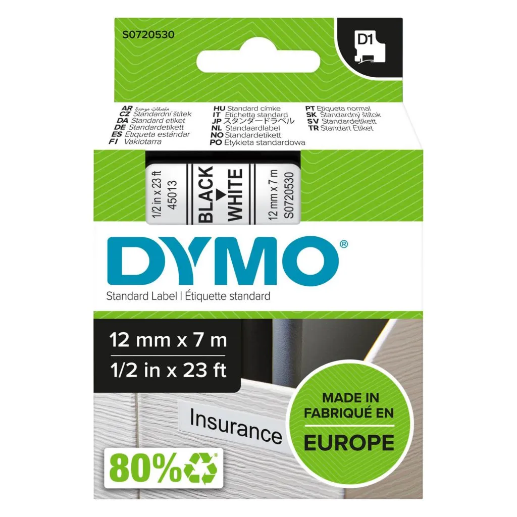 Ruban polyester Dymo D1 12 mm S0720530 fond blanc écriture noire