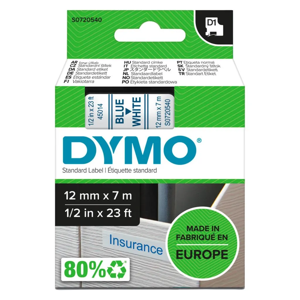 Ruban polyester Dymo D1 12 mm S0720540 fond blanc écriture bleue
