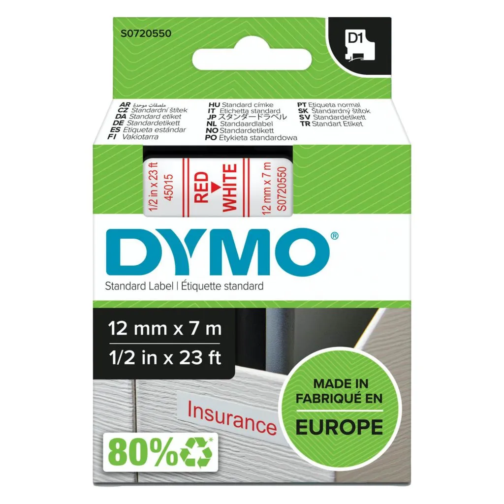 Ruban polyester Dymo D1 12 mm S0720550 fond blanc écriture rouge