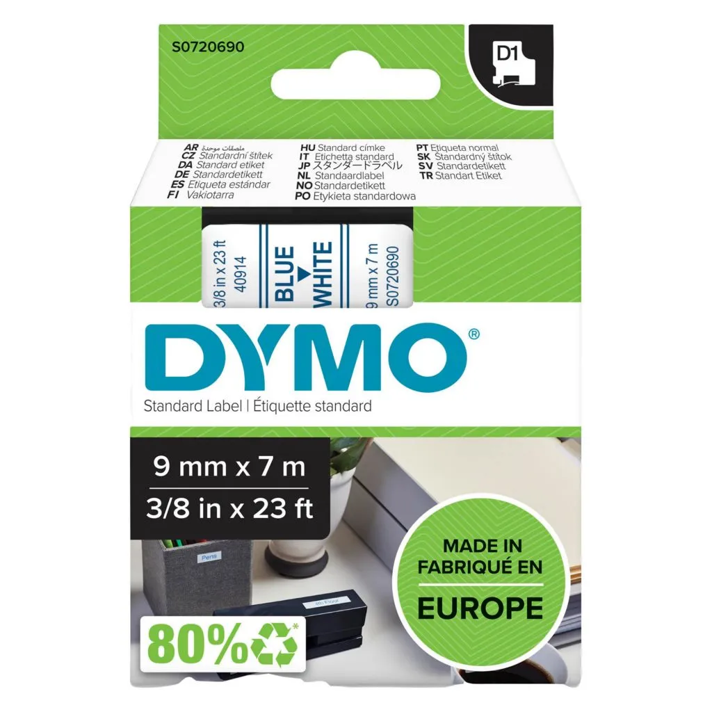 Ruban polyester Dymo D1 9 mm 40914 blanc écriture bleue