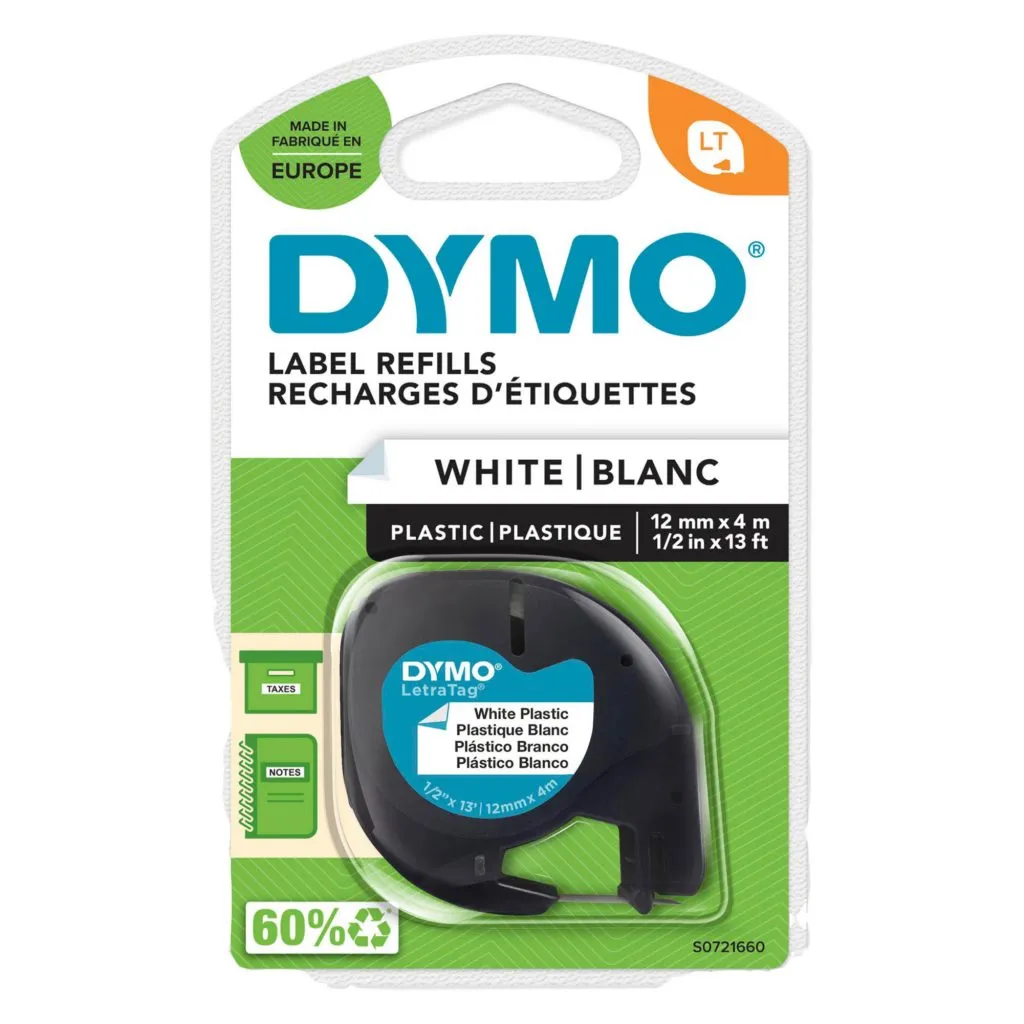Ruban étiqueteuse plastique Dymo Letratag S0721610 fond blanc écriture noire 12 mm x 4 m