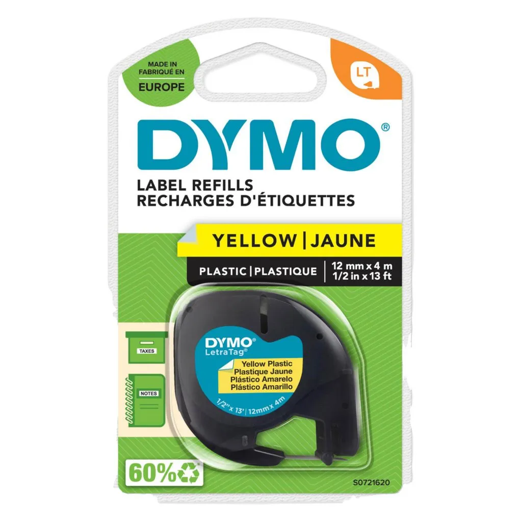 Ruban étiqueteuse plastique Dymo Letratag S0721620 fond jaune écriture noire 12 mm x 4 m