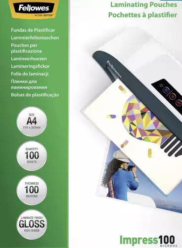 Pochettes de plastification Fellowes A4 2 x 100 µ brillantes - Boite de 100