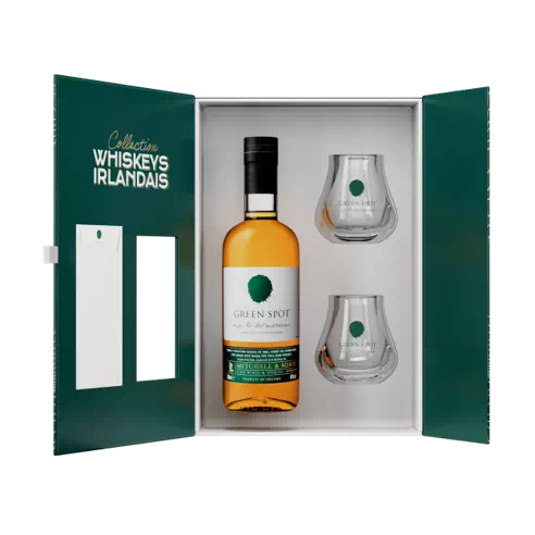 Coffret Whisky irlandais GREEN SPOT 40° bouteille 70 cl + 2 verres à whisky