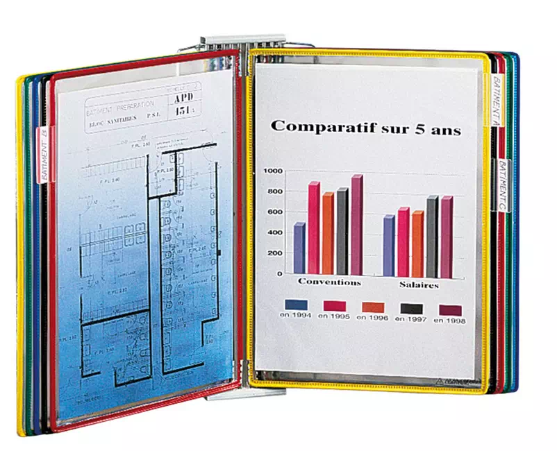 Protège-documents pivotant mural Djois - Format A4 10 pochettes - 20 vues couleurs assortis