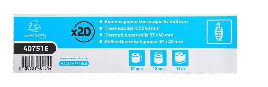 Bobines Terminaux bancaires Exacompta 40751E - l 57 mm x L 18 m, Ø 40 mm - 1 pli(s) - paquet de 20