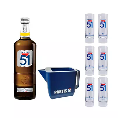 Kit PASTIS 51 : Kit 1 bouteille 70 cl + 1 carafe 100 cl + 6 verres tubes 22 cl 