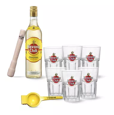 Kit Mojito Rhum HABANA CLUB 3 ans 1 bouteille 70cl + 6 verres collectors + 1 pilon + 1 presse-citron