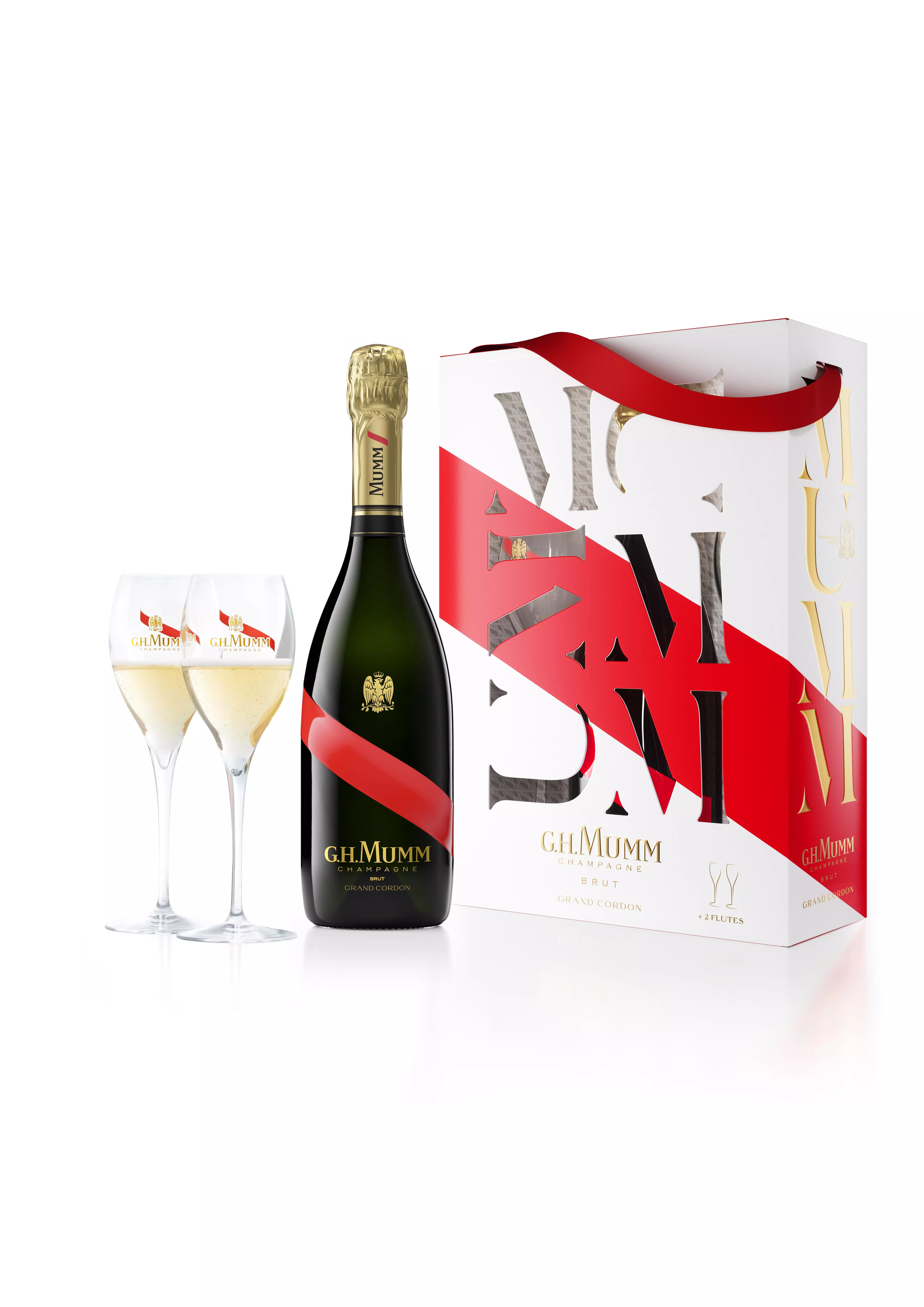 Coffret champagne MUMM Grand Cordon Rouge<b> 1 bouteille 75 cl + 2 flûtes</b>